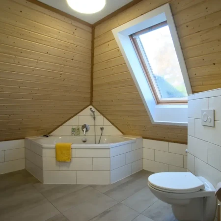 Badezimmer mit Badewanne, abnehmbarem Duschkopf, WC und stilvollem Waschtisch