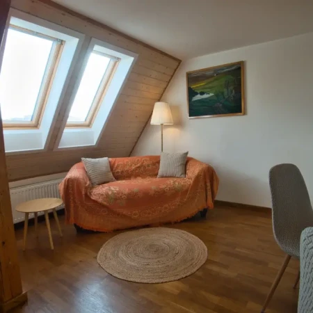 Die Sitzecke lädt mit einem bequemen Sofa zum Entspannen ein. Eine stilvolle Stehlampe sorgt für warmes Licht und eine behagliche Atmosphäre – ideal für einen ruhigen Abend mit einem Buch oder zum Entspannen nach einem ereignisreichen Tag.